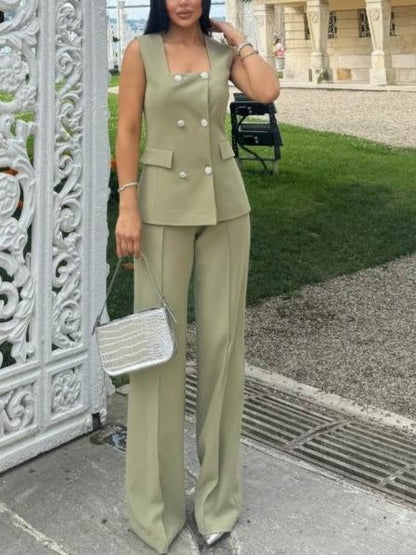 Sophisticated Sleeveless Solid Pants Suit Set