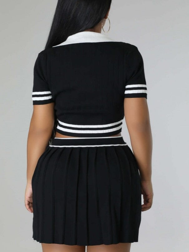 Sporty Look Short Sleeve Top With Black Pleated Skirt Set