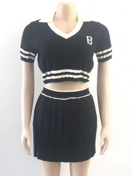 Sporty Look Short Sleeve Top With Black Pleated Skirt Set