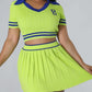 Sporty Look Short Sleeve Top With Green Pleated Skirt Set