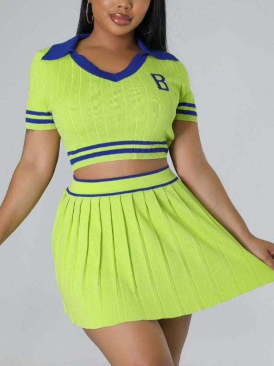 Sporty Look Short Sleeve Top With Green Pleated Skirt Set - Ships in 24 Hrs