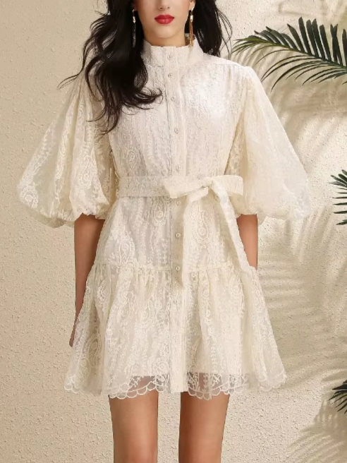 Stunning Lantern Sleeves Hollow Out Lace Single Breasted A-line High Waist Apricot Mini Dress