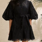 Stunning Lantern Sleeves Hollow Out Lace Single Breasted A-line High Waist Black Mini Dress