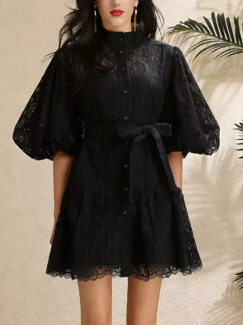 Stunning Lantern Sleeves Hollow Out Lace Single Breasted A-line High Waist Black Mini Dress