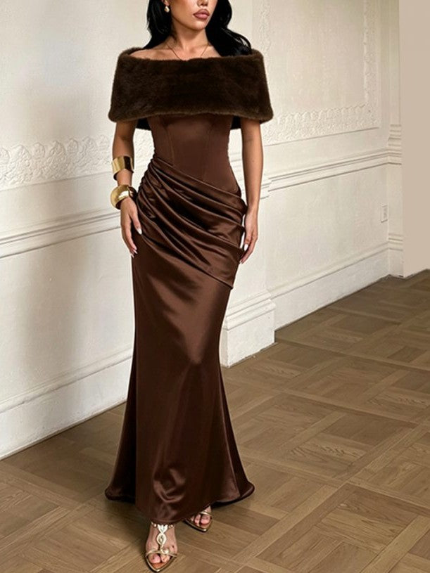 Stylish Boat Neck Brown Maxi Dress