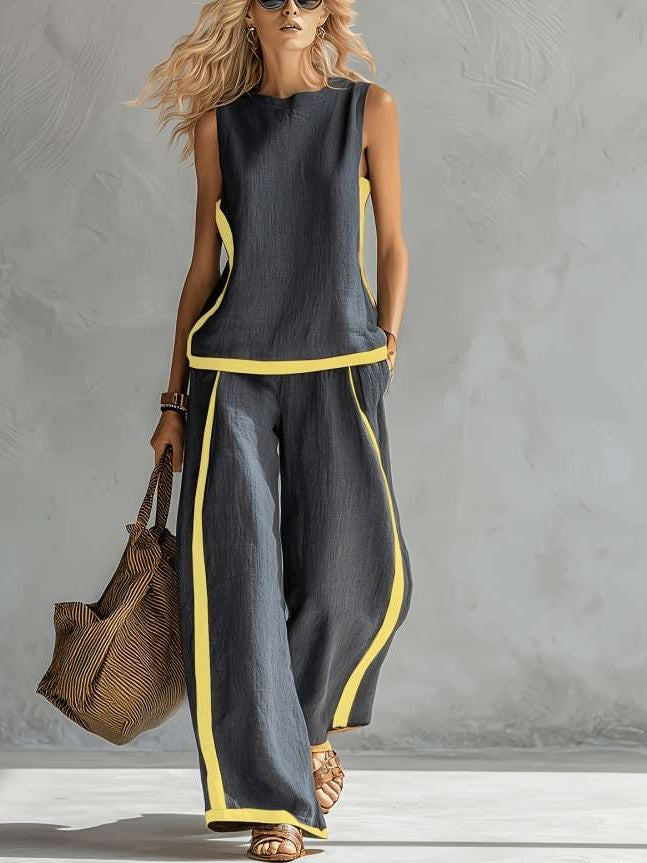 Stylish Contrast Loose Tank Top With Pants Set