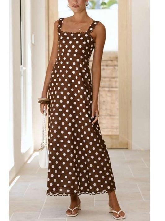Stylish Polka Dots A Line Coffee Maxi Dress