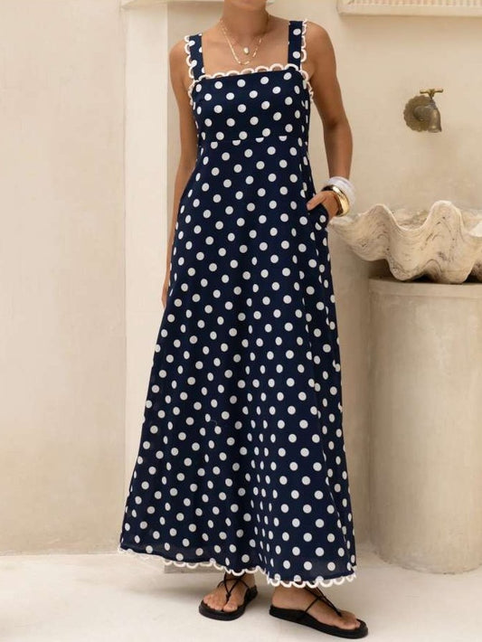 Stylish Polka Dots A Line Blue Maxi Dress