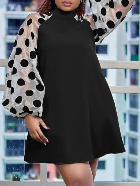 Stylish Gauze Patchwork Polka Dots Long Sleeve Plus Black Dress