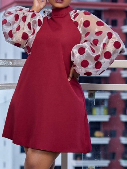 Stylish Gauze Patchwork Polka Dots Long Sleeve Plus Wine Red Dress