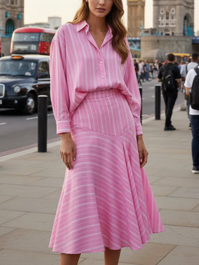 Stylish Oversized Striped Shirt With Pink Midi Skirt Set