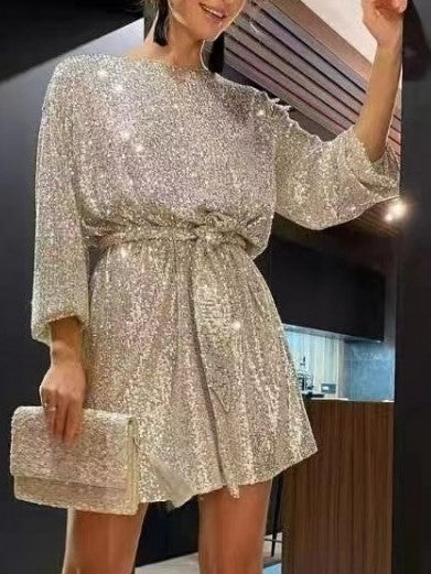 Stylish Sequin Loose Long Sleeve Dress