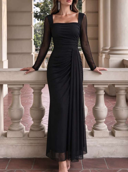 Stylish Square Neck Long Sleeve Black Bodycon Maxi Dress