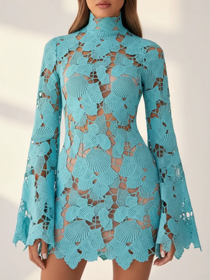Suave Blue Hollow Out Lace Mini Dress