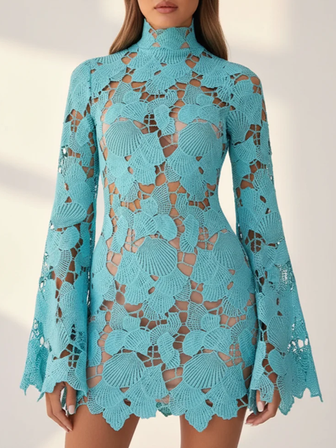 Suave Blue Hollow Out Lace Mini Dress