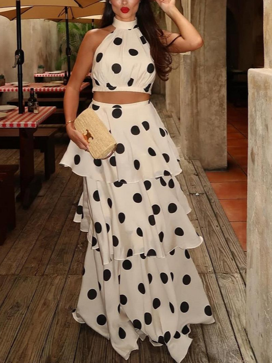 Suave Dot Halterneck Crop Top With Long Skirt Set