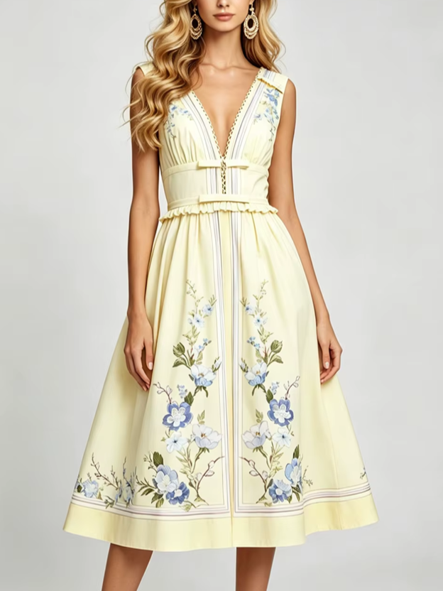 Suave V Neck Bow Ruffle Sleeveless Slim Printed Holiday Dress