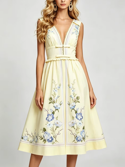 Suave V Neck Bow Ruffle Sleeveless Slim Printed Holiday Dress