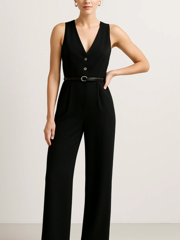 Suave V Neck Tailored Wide Leg Jumpsuit With Belt