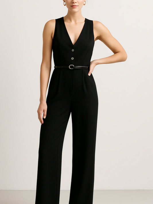 Suave V Neck Tailored Wide Leg Jumpsuit With Belt