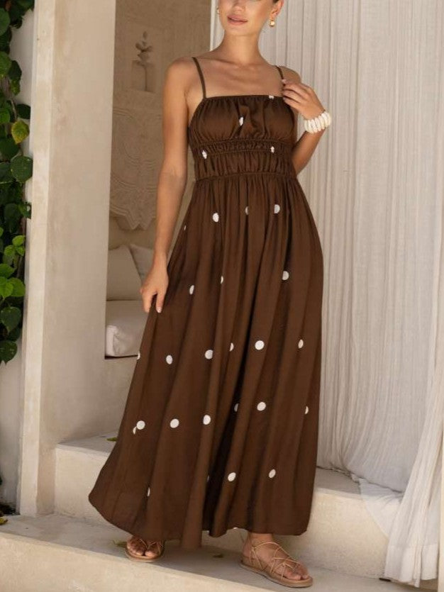 Summer Exclusive Smocked Polka Dots Sleeveless Coffee Maxi Dress