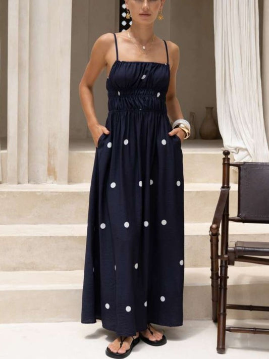 Summer Exclusive Smocked Polka Dots Sleeveless Blue Maxi Dress