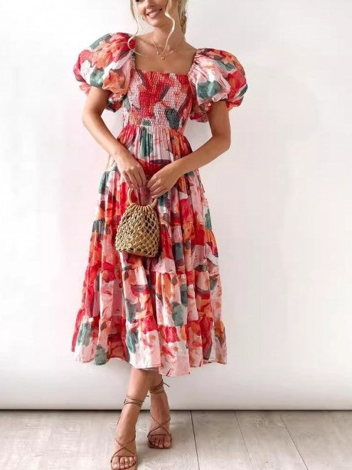 Summer Fashion Floral Boat Neck Red Fitted Dress