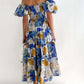 Summer Fashion Floral Boat Neck Blue Fitted Dress