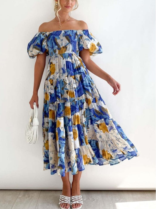Summer Fashion Floral Boat Neck Blue Fitted Dress