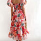 Summer Fashion Floral Boat Neck Red Fitted Dress