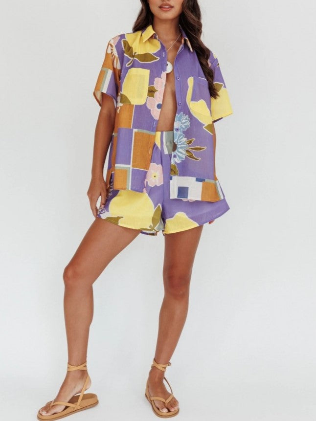 Summer Fashion Flower Print High Rise Straight Shorts Purple Co ord Set