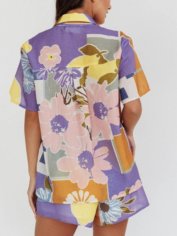 Summer Fashion Flower Print High Rise Straight Shorts Purple Co ord Set