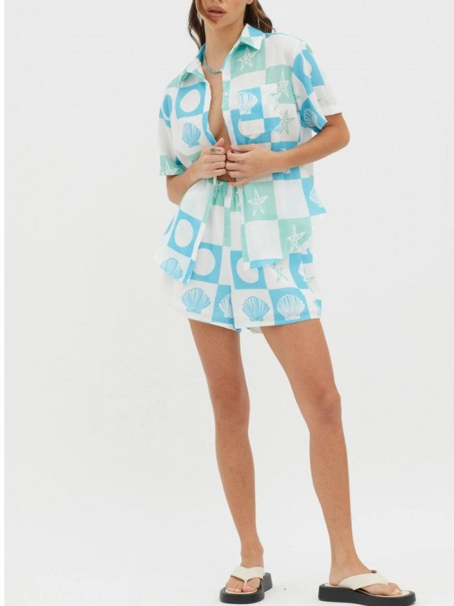 Summer Fashion Pastel Printed Shorts Blue Co ord Set