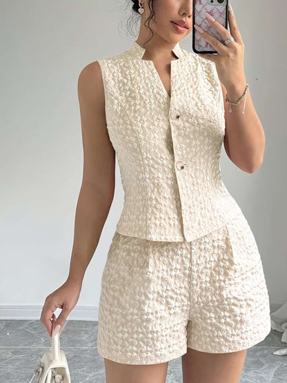 Summer Fashion Weave Floral Shorts Apricot Co Ord Set