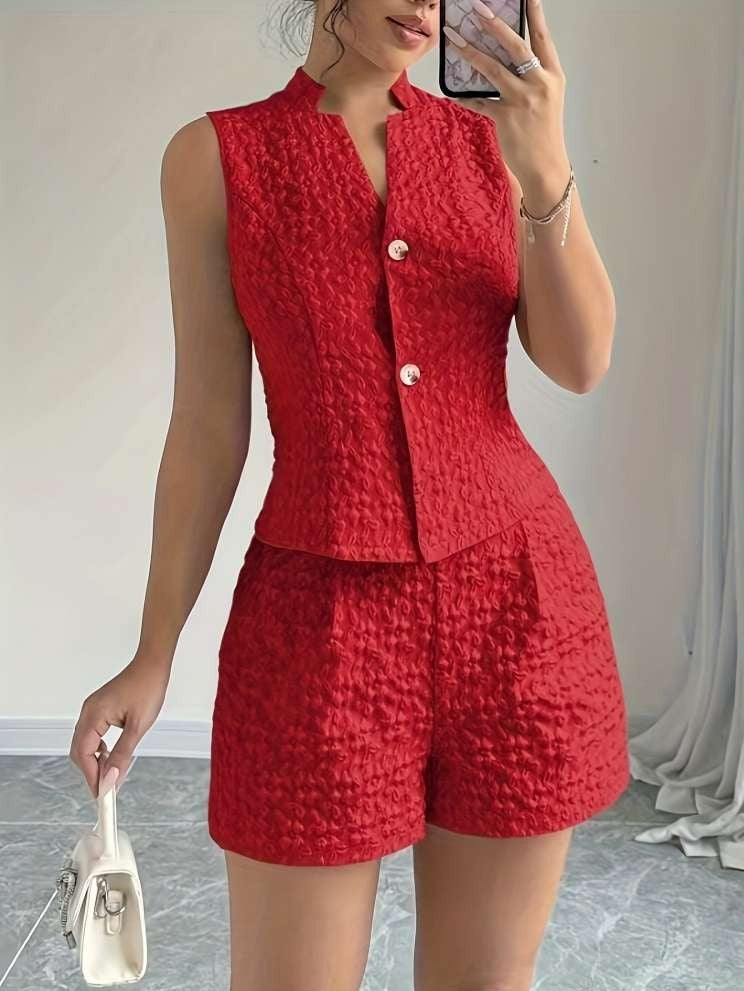 Summer Fashion Weave Floral Shorts Red Co Ord Set