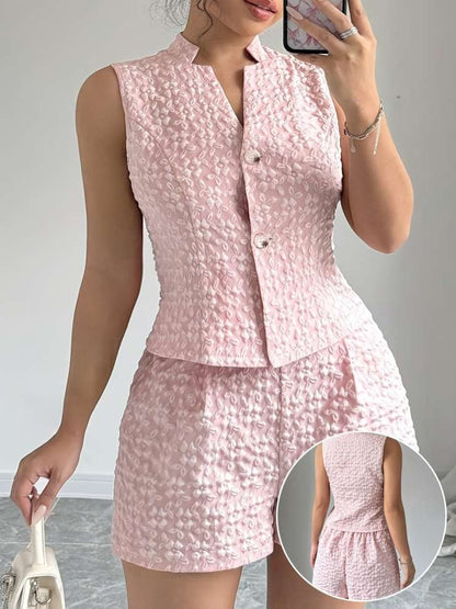 Summer Fashion Weave Floral Shorts Pink Co Ord Set