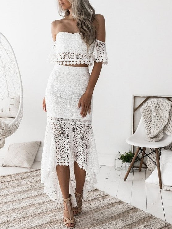 Super Stylish Backless Lace Top With Mermaid Skirt White Set