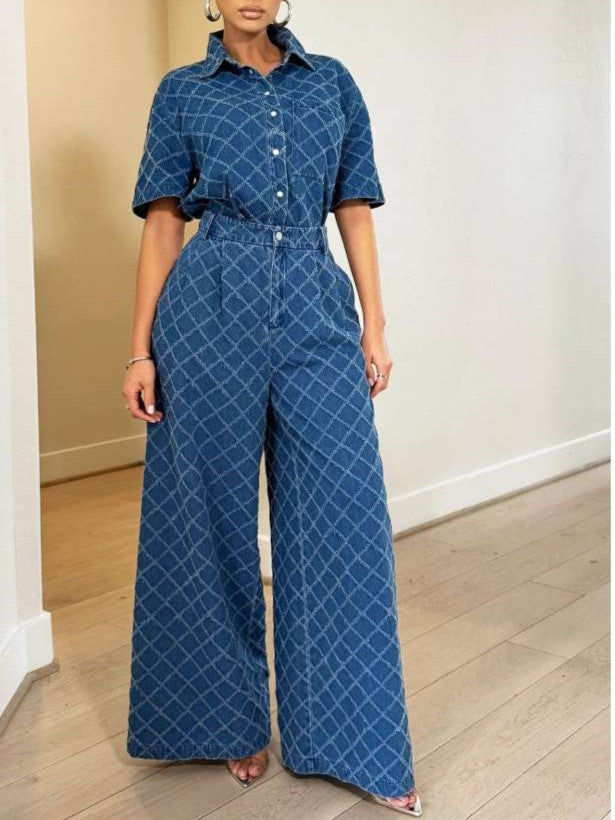 Super Stylish Plaid Denim Wide Leg Co ord Set