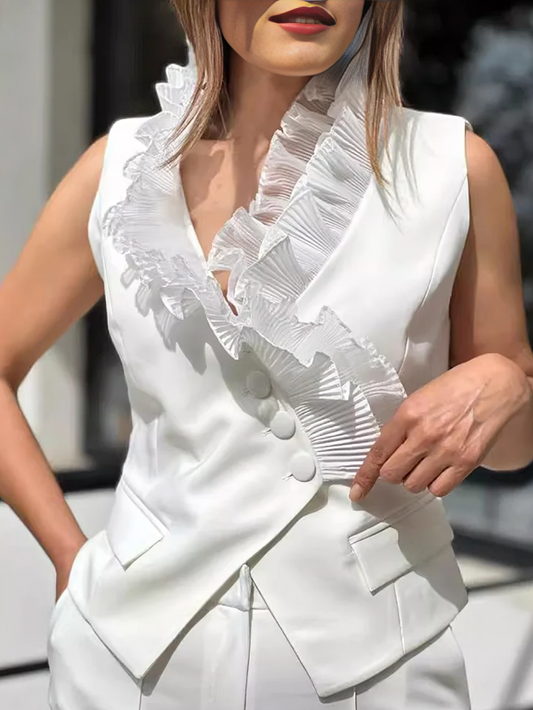 Super Stylish Ruffle Vest Coat With Pants Co Ord White Set
