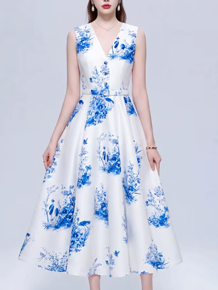 Sweet Bohemian Printed V Neck Sleeveless Slim Dress
