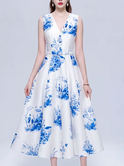 Sweet Bohemian Printed V Neck Sleeveless Slim Dress