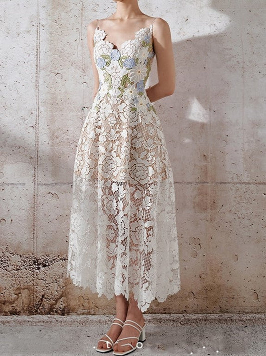 Sweet Crocheted Lace White Long Dress - Ships in 24 Hrs