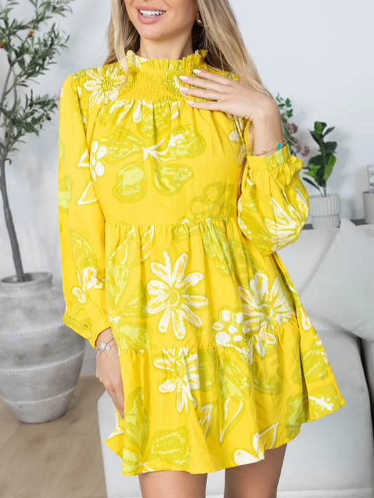 Sweet Floral Print Ruffle Yellow Dress