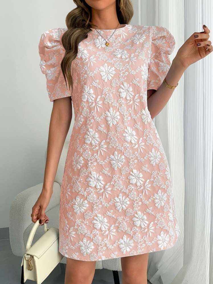 Sweet Floral Texture Puff Sleeve A Line Pink Mini Dress
