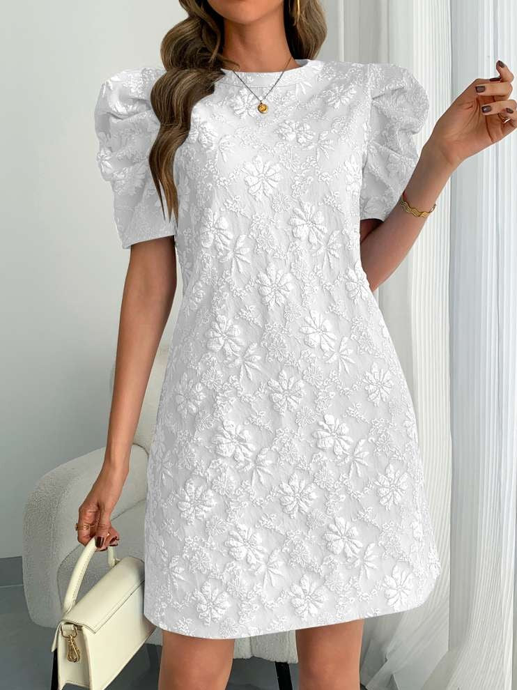 Sweet Floral Texture Puff Sleeve A Line White Mini Dress