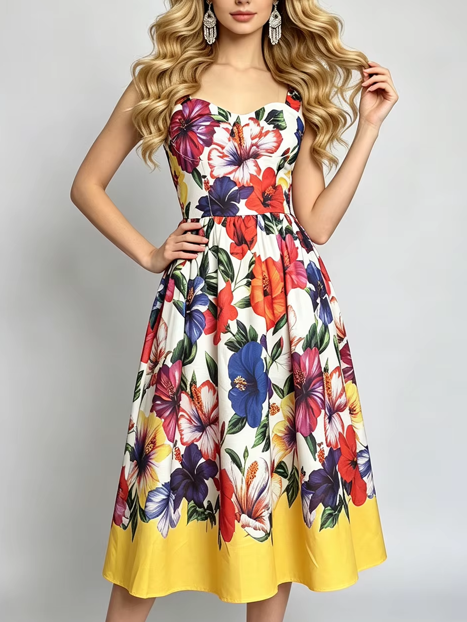 Sweet Flower Print Sleeveless Big Swing White Dress