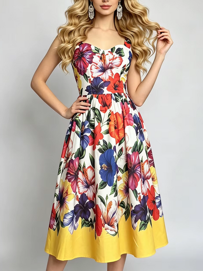 Sweet Flower Print Sleeveless Big Swing White Dress