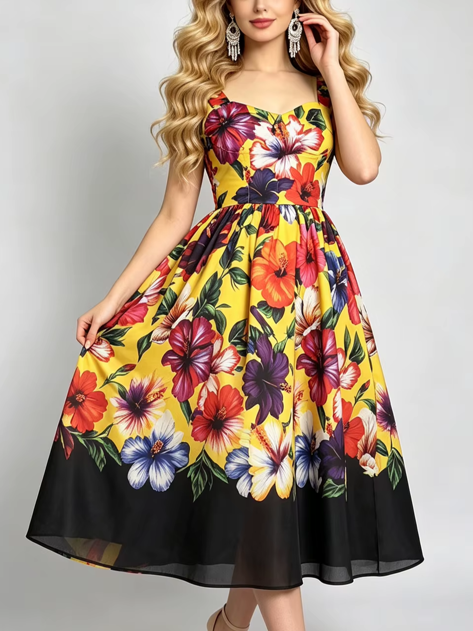 Sweet Flower Print Sleeveless Big Swing Yellow Dress