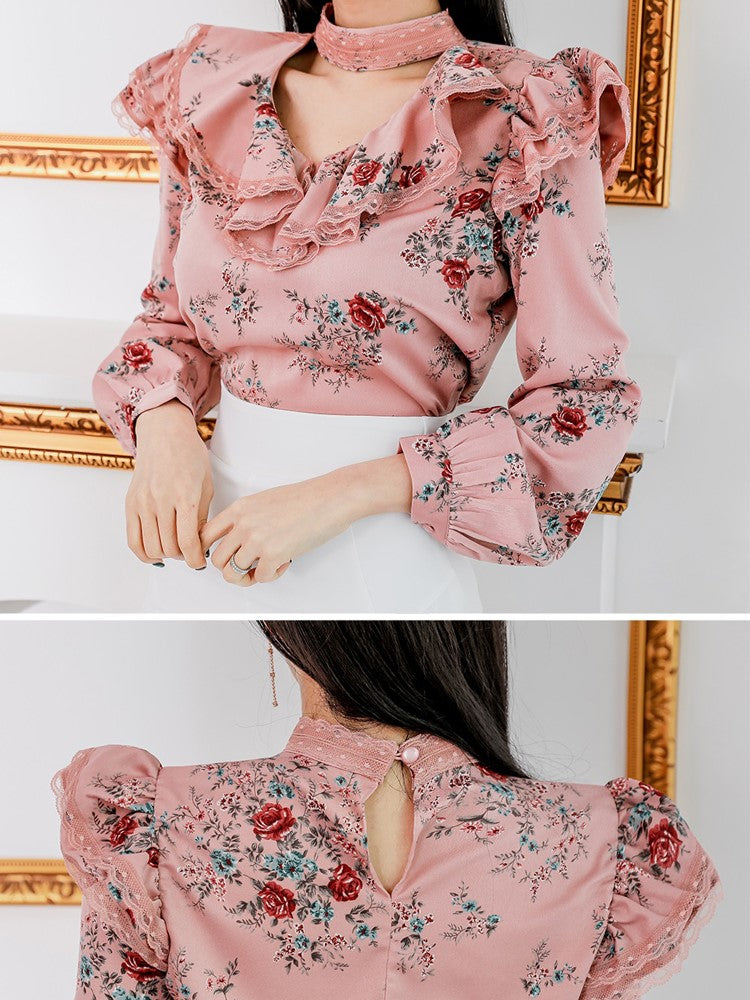 Sweet Lace Floral Print Top With High Waist Skirt Set - Ships in 24 Hrs