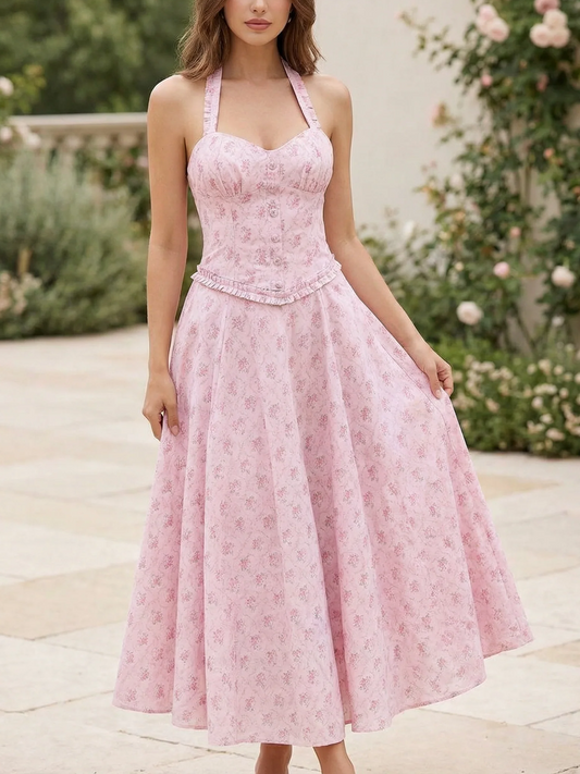 Sweet Pink Floral Corset Halter Swing Dress